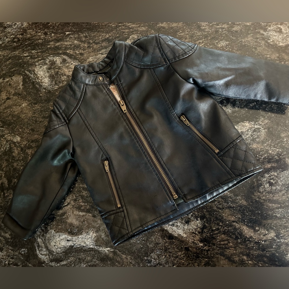 Zara Biker Jacket Black Faux Leather Jacket with Quilted Details